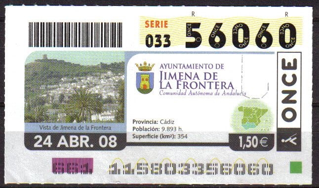 CUPON ONCE 56060 24/04/08 VISTA DE JIMENA DE LA FRONTERA CADIZ 